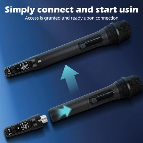 Pro Grade Wireless Microphone System 2.4GHz with receiver and transmitters for dynamic mic, plug and play setup shown
