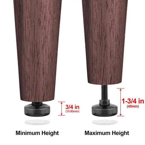 Heavy Duty Furniture Levelers Set 4 Pack Adjustable Leg Levelers showing minimum and maximum height adjustments.