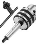 MT2 Drill Chuck For Lathe With JT33 Morse Taper Two Arbor And Chuck Key, high-speed steel, shown at angle with key included.