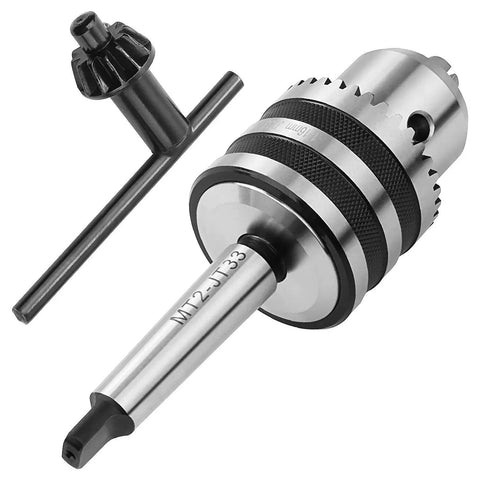 MT2 Drill Chuck For Lathe With JT33 Morse Taper Two Arbor And Chuck Key, high-speed steel, shown at angle with key included.