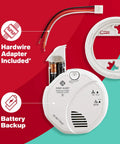 Hardwired Smoke And Carbon Monoxide Detectors 3 Pack With Battery Backup For Home Safety 120 Volt Photoelectric Smoke And Electrochemical CO Alarms 85 Decibel Alarm Silence Test Button Dust Cover Spread Spectrum Horn showing battery compartment open and adapter.