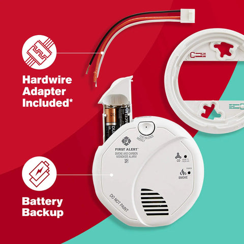 Hardwired Smoke And Carbon Monoxide Detectors 3 Pack With Battery Backup For Home Safety 120 Volt Photoelectric Smoke And Electrochemical CO Alarms 85 Decibel Alarm Silence Test Button Dust Cover Spread Spectrum Horn showing battery compartment open and adapter.