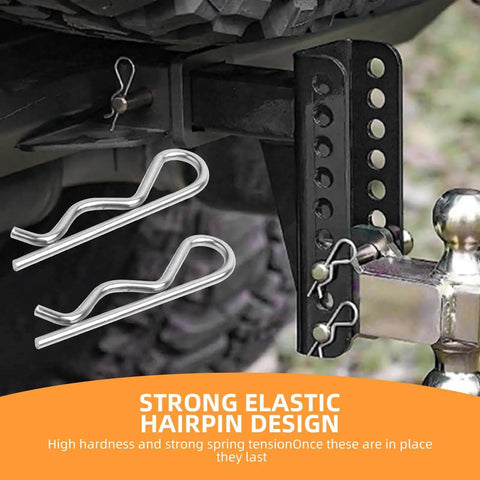 Heavy Duty Hitch Pins R Clips and Spring Retaining Wire Hair Pins installed on a trailer hitch, 3.5mm diameter, galvanized steel.