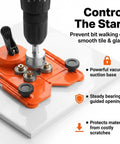 Adjustable Diamond Drill Guide with Suction Base for 1/8 to 3-1/4 Inch Hole Saws and Bits helps you nail clean straight cuts in tile glass stone and ceramic like a pro, showing suction base on tile.