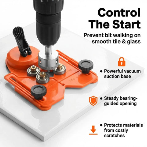 Adjustable Diamond Drill Guide with Suction Base for 1/8 to 3-1/4 Inch Hole Saws and Bits helps you nail clean straight cuts in tile glass stone and ceramic like a pro, showing suction base on tile.
