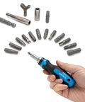 101 Piece Security Bit Set With Ratcheting Screwdriver Rock Solid Chrome Vanadium Steel bits and ratchet driver displayed in a circle.