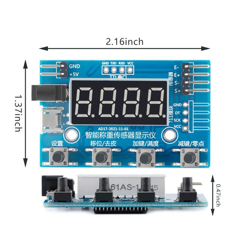 Front view of HX711 Digital Load Cell Module With Display 24 Bit Analog To Digital Weight Sensor Board for Arduino, dimensions shown