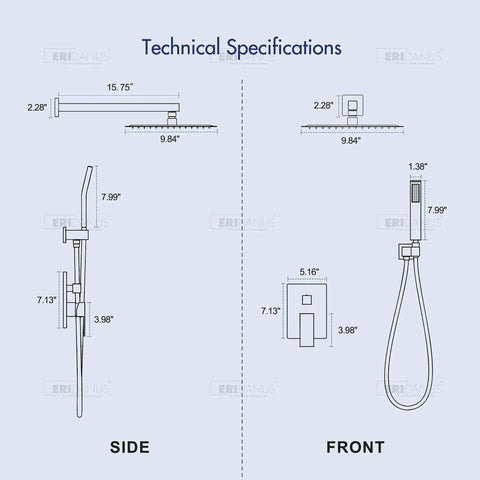 Technical specifications of 10 Inch Matte Black Shower Set With Square Rain Head And Handheld, Wall Mounted Rainfall Fixtures