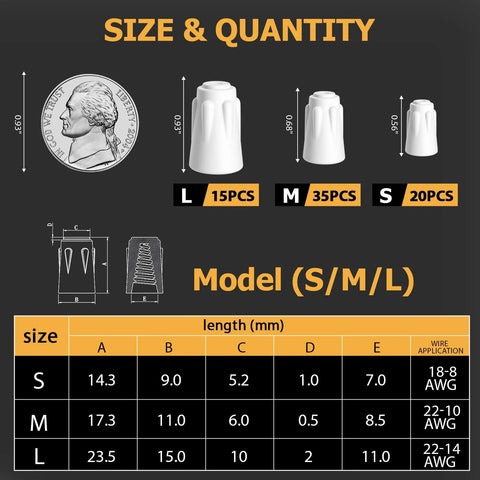 Ceramic high-temp wire nut set, S/M/L (20/35/15 pcs) for 18-8 to 22-14 AWG.