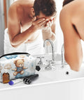 Man using a Travel Toiletry Organizer Bag For Women And Men, Waterproof Dopp Kit For Shaving, Makeup, Cosmetics, Wash Bags And Accessories
