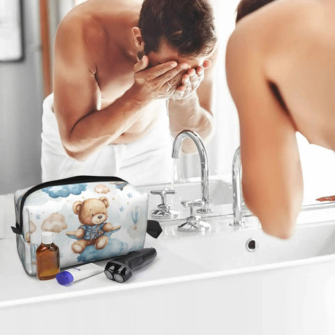 Man using a Travel Toiletry Organizer Bag For Women And Men, Waterproof Dopp Kit For Shaving, Makeup, Cosmetics, Wash Bags And Accessories