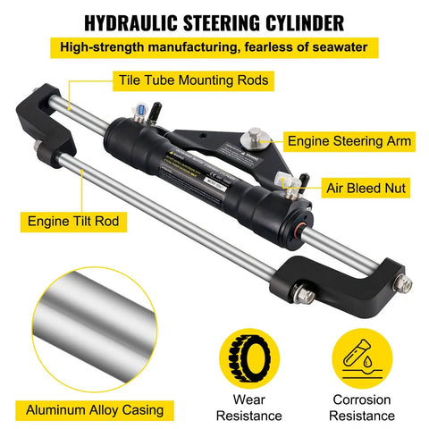 Hydraulic steering cylinder with engine steering arm and tilt rod, from the Beefy Hydraulic Outboard Steering Kit With 13.5 Inch Aluminum Wheel And 18 Foot Nylon Hose And 300HP Helm Pump For Center Console Boats Bass Boats And Flats Boats With Smooth Responsive Steering.