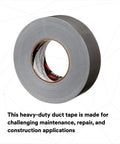 Heavy Duty Duct Tape DT11 Silver 48 mm x 54.8 m (11 mil), polyethylene-backed cloth, roll for repairs, side view.