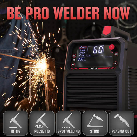 Five In One Tig Welder And Plasma Cutter All Purpose Welding Machine With Cut HF TIG Pulse TIG Spot Welding And Stick 200 Amp TIG And Stick 50 Amp Plasma Cutting Dual Voltage 110 220V For Home Shop Pros And Pro Grade Welders in use with sparks