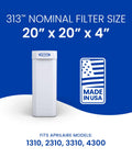 Replacement Filter For Whole House Air Purifiers 20x20x4 313 MERV 13 Pack Of 2 For Models 1310 2310 3310 4300 shown with Made in USA label