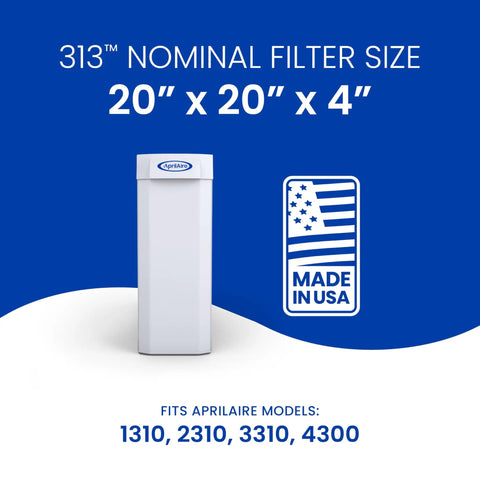 Replacement Filter For Whole House Air Purifiers 20x20x4 313 MERV 13 Pack Of 2 For Models 1310 2310 3310 4300 shown with Made in USA label