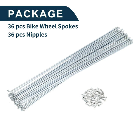 Bike Wheel Spokes Set, 14G, 265mm Length, Carbon Steel Galvanized With Silver Tone Nipples, 1 Pack, shown with 36 pieces