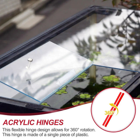 Clear Acrylic Flexible Hinges For Cabinets 300X35mm with 360 degree rotation shown on a glass display.