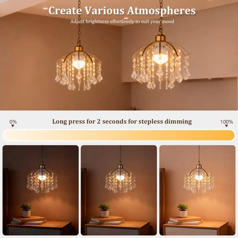 Total Game Changer Two Piece Crystal Chandelier Set Battery Powered With Zero Hassle Setup Remote Control Dimmable Rgb Pendant Lights For Living Rooms Or Covered Patios Smooth Vibes Lasting Sixty Hours showing dimmable lights with acrylic crystals in various brightness settings.