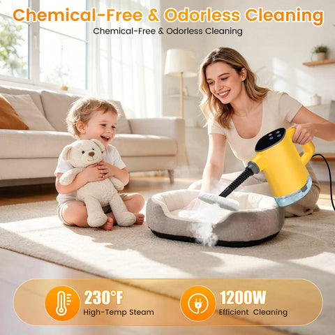 1200W Handheld Steam Cleaner Heats Up In Just 10 Seconds For A Straight Up No Hassle Deep Clean knocking out bathroom grout and kitchen grease with adjustable settings.