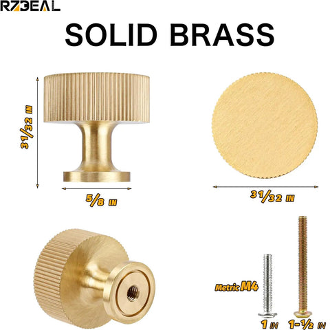 6 Pack Solid Brass Cabinet Knobs Pulls Set In Gold Brushed Finish For Cabinets Drawers And Dressers Modern Handles 1x1 Inch 25mm By 25mm Dope Hardware Kit Heavy Duty Durable Upgrade Your Space. solid brass knob with brushed gold finish, 25mm size, shown with screws