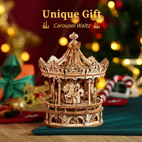 3D Wooden Puzzle Music Box Kit Mechanical MerryGoRound Model Build For Teens And Adults Wind Up Carousel Waltz Tunes Exquisite Display Piece For Family Rooms Totally Fun DIY Gift Idea, wooden carousel