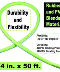 Hybrid Air Hose 1/4 Inch By 50 Feet, 300 PSI Heavy-Duty, Lightweight And Kink-Resistant, highlighted durability and flexibility text