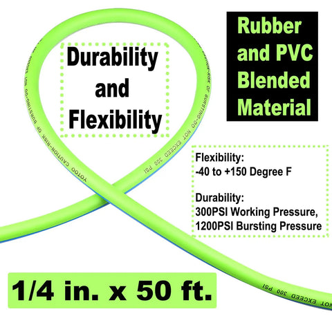 Hybrid Air Hose 1/4 Inch By 50 Feet, 300 PSI Heavy-Duty, Lightweight And Kink-Resistant, highlighted durability and flexibility text