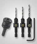 Major League Quick Change Chuck And Battle Ready Gold Countersink Drill Bit Set With Reliable Hex Adapter For No Drama Wood Projects And Flawless Screw Placement Done Properly, featuring three drill bits and an adjustable collar.