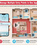 Smart Door Chime Alarm For Home And Office, Instant Door Open Alerts To Your Phone, No Brainer Setup, Great For Kids Safety And Dementia Care, 20 Chimes, 5 Volume Levels, 2.4GHz Connection, Reliable Wireless Security showing multi-room sensor alerts