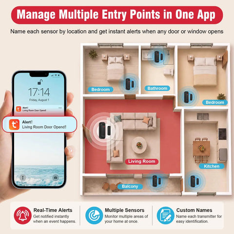 Smart Door Chime Alarm For Home And Office, Instant Door Open Alerts To Your Phone, No Brainer Setup, Great For Kids Safety And Dementia Care, 20 Chimes, 5 Volume Levels, 2.4GHz Connection, Reliable Wireless Security showing multi-room sensor alerts