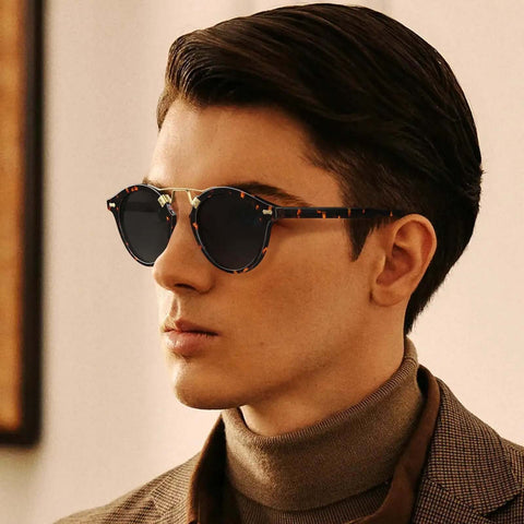 Side view of a man wearing Double Bridge Round Polarized Sunglasses For Men With UV Protection Retro Tortoise Eyewear Nickel Free Metal Brow Design Classic Dope Sunnies For Everyday Wear And All Day Comfort.