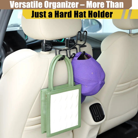 Hard Hat Holder And 3 Hook Organizer For Truck And Car Seats holding a purple cap and green bag on a car headrest