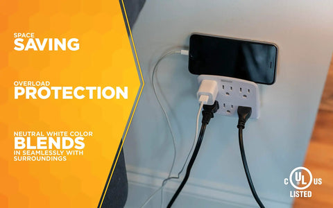 Six Outlet Wall Adapter Turns One Outlet Into Six Grounded Ports With Built In Phone Cradle Space Saving White Electrical Outlet Extender