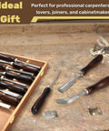 12 Piece Wood Chisel Set With Wooden Box Carving Tools For Woodworking CRV Steel Blades And Premium Wood Handles displayed on table