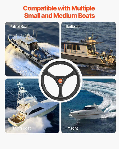 Heavy Duty Boat Steering System Kit With 12 Ft Steering Cable And 13.5 Inch Wheel shown with compatible boats.