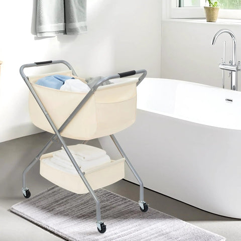 Collapsible Laundry Cart With Wheels 65L 17 Gal Rolling Hamper Clothes Basket On Wheels in a bathroom scene