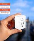 Slick Compact Single Outlet Surge Protector With Flat Plug And Led Indicator For Fridges Computers Tvs And Home Electronics Sweet 540 Joule Power Spike Shield 15 Amp Wall Mount Guard held in hand outdoors.