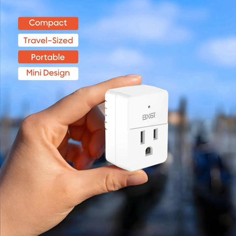 Slick Compact Single Outlet Surge Protector With Flat Plug And Led Indicator For Fridges Computers Tvs And Home Electronics Sweet 540 Joule Power Spike Shield 15 Amp Wall Mount Guard held in hand outdoors.