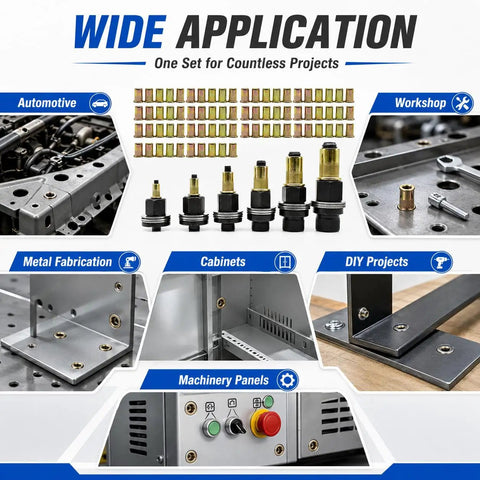 Rivet Nut Pliers And Mandrel Kit For M3 To M12 Rivet Nuts In Carbon Steel, Broad Metric Coverage For Automotive, Workshop, And Home Repairs, Ready To Use Mandrels And Quick Change System. Wide application kit with mandrels and rivet nuts for automotive, workshop, DIY