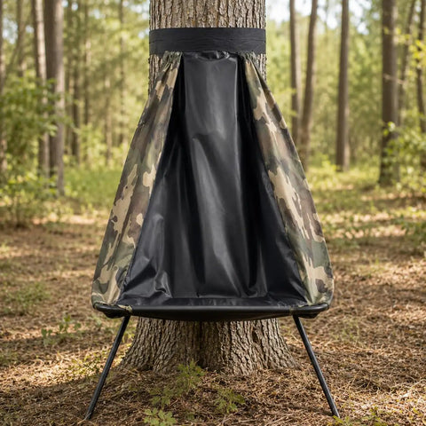 Low Profile Hunting Chair Hammock Seat With 360 Degree Swivel Portable Camouflage Ground Stool For Deer And Turkey in forest setup