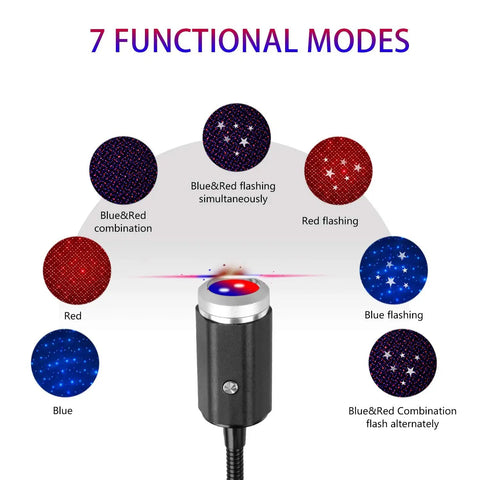 USB Star Night Light With Three Color Options And Seven Lighting Modes showing 7 functional modes in red and blue colors.