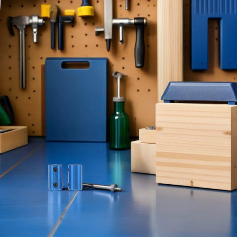 Ten Piece Blue Aluminum Motor Shaft Coupling Connectors 6mm Fit For 3D Printers And CNC Machines displayed on a workbench.