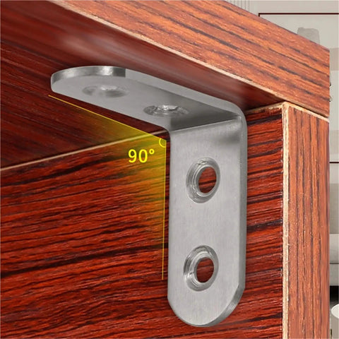 Built Like A Tank Heavy Duty Stainless Steel L Corner Brackets 40 Pack showing a right angle with pre-drilled holes for easy mounting.