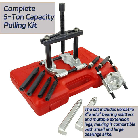 5 Ton Bearing Separator and Puller Set with 2 Inch and 3 Inch Jaw Bearing Splitter Remover Tool Kit on storage case