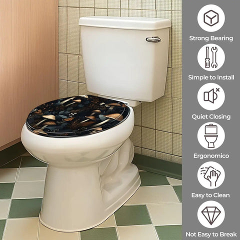 Vintage Resin Toilet Seat for Bathroom on a toilet, featuring a dark floral design, easy to install and clean.