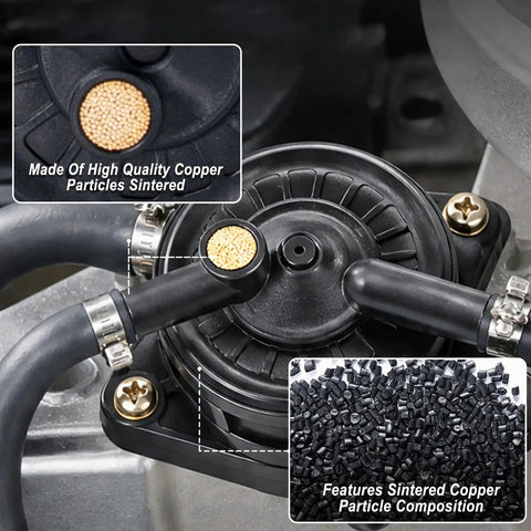 Built Tough Plug And Play Fuel Pump With Filter And Line For Briggs Stratton John Deere Kawasaki Yamaha Small Engine Mower Golf Cart Smooth Runs Guaranteed Replaces 597338 808656 close-up of copper sintered filter and pump components
