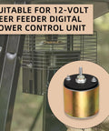 Heavy Duty Deer Feeder Motor 6 To 12 Volt With One Quarter Inch Drive Shaft For Game Feeders, Durable, Efficient, Versatile, S Plug Connector, Easy Install, Works With Most Power Control Units mounted on deer feeder