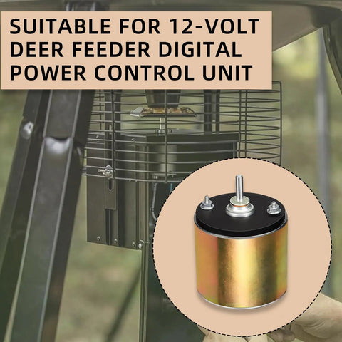 Heavy Duty Deer Feeder Motor 6 To 12 Volt With One Quarter Inch Drive Shaft For Game Feeders, Durable, Efficient, Versatile, S Plug Connector, Easy Install, Works With Most Power Control Units mounted on deer feeder