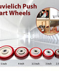 Five assorted size Juvielich push cart wheels, red and gray, showcasing 5 inch to 2.5 inch sizes in a futuristic hallway setting.